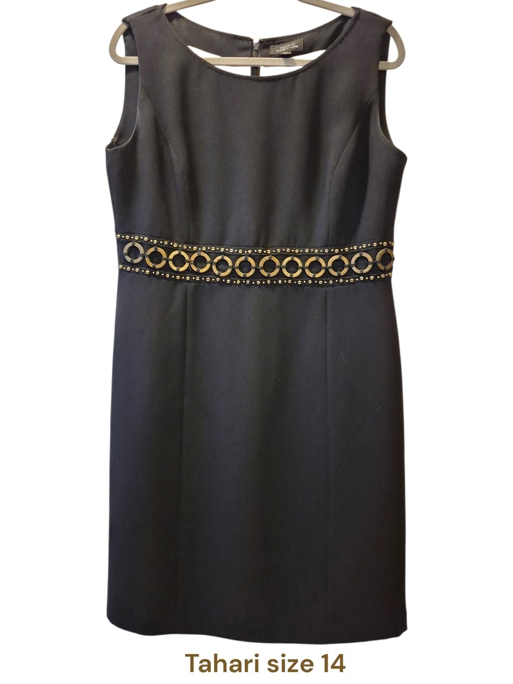 Tahari Black Sleeveless Sheath Dress with Wood Circle Waist Detail Size 14